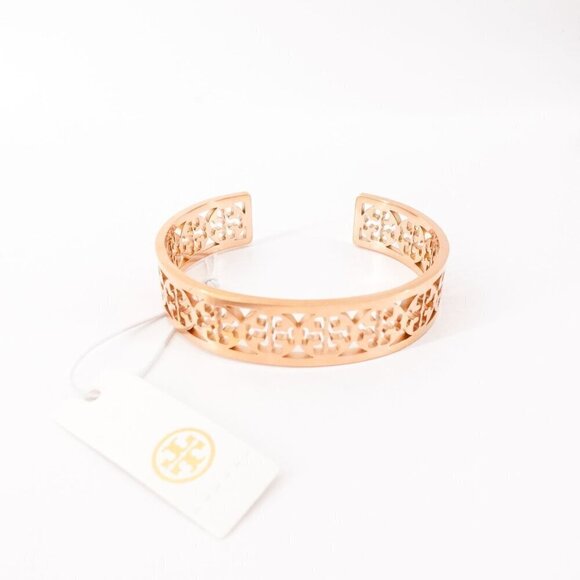 Tory Burch TB Gold Logo Cut out Cuff Bracelet Rose Gold OS - Picture 2 of 12